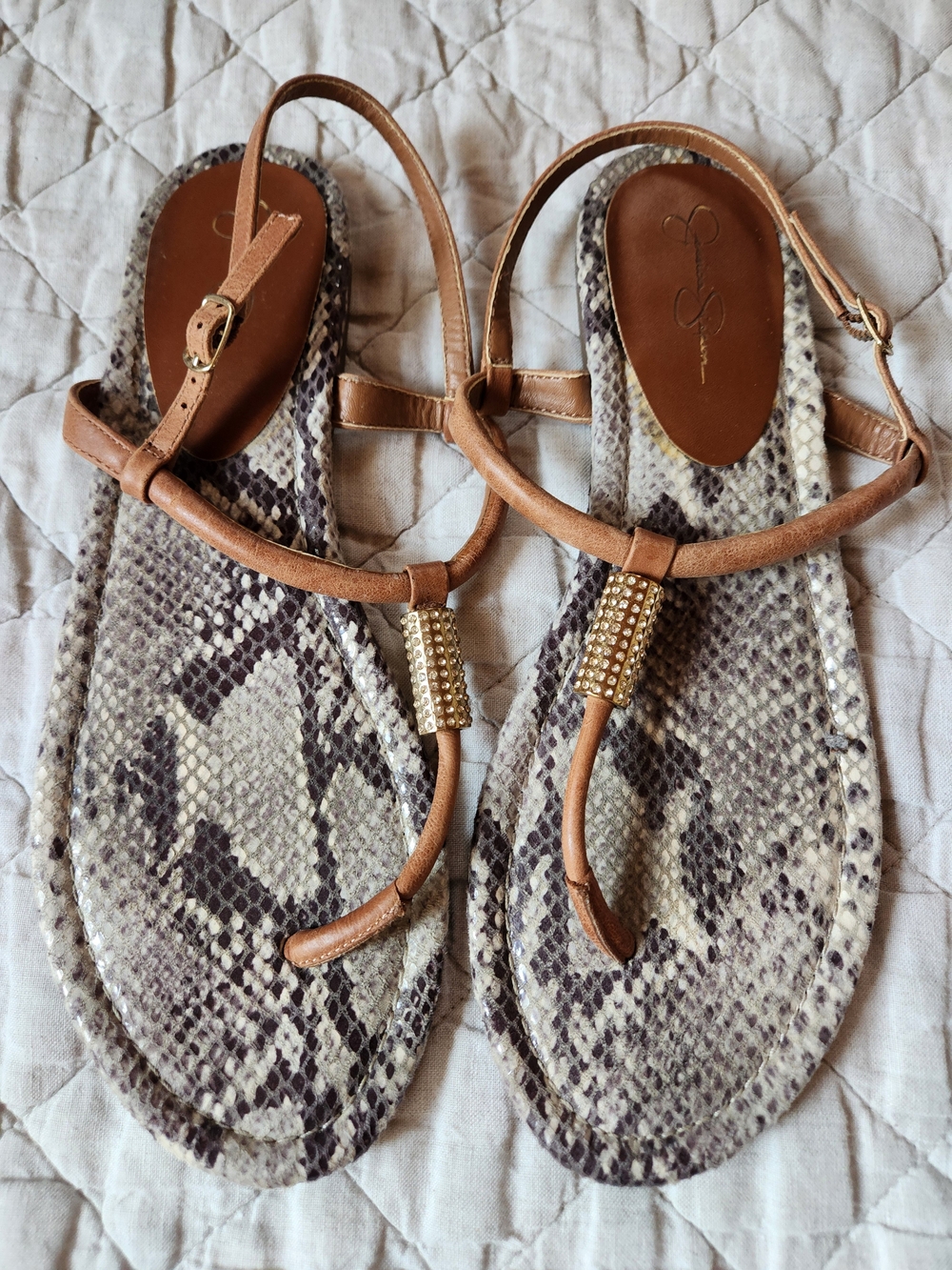 Leather T-Strap Sandals with Snake-Print Footbed in Tan
